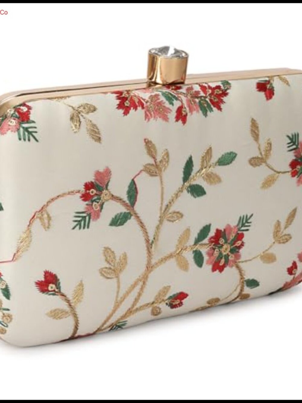Hand Crafted Box Clutch with Zari Embroidery Gold-Tone Frame Detachable Chain